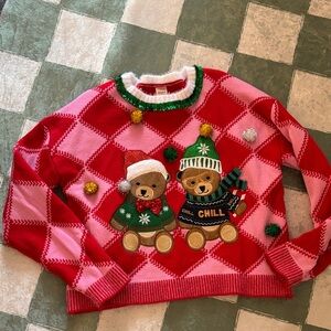 Christmas Festive Bear Sweater with Red and Pink Argyle